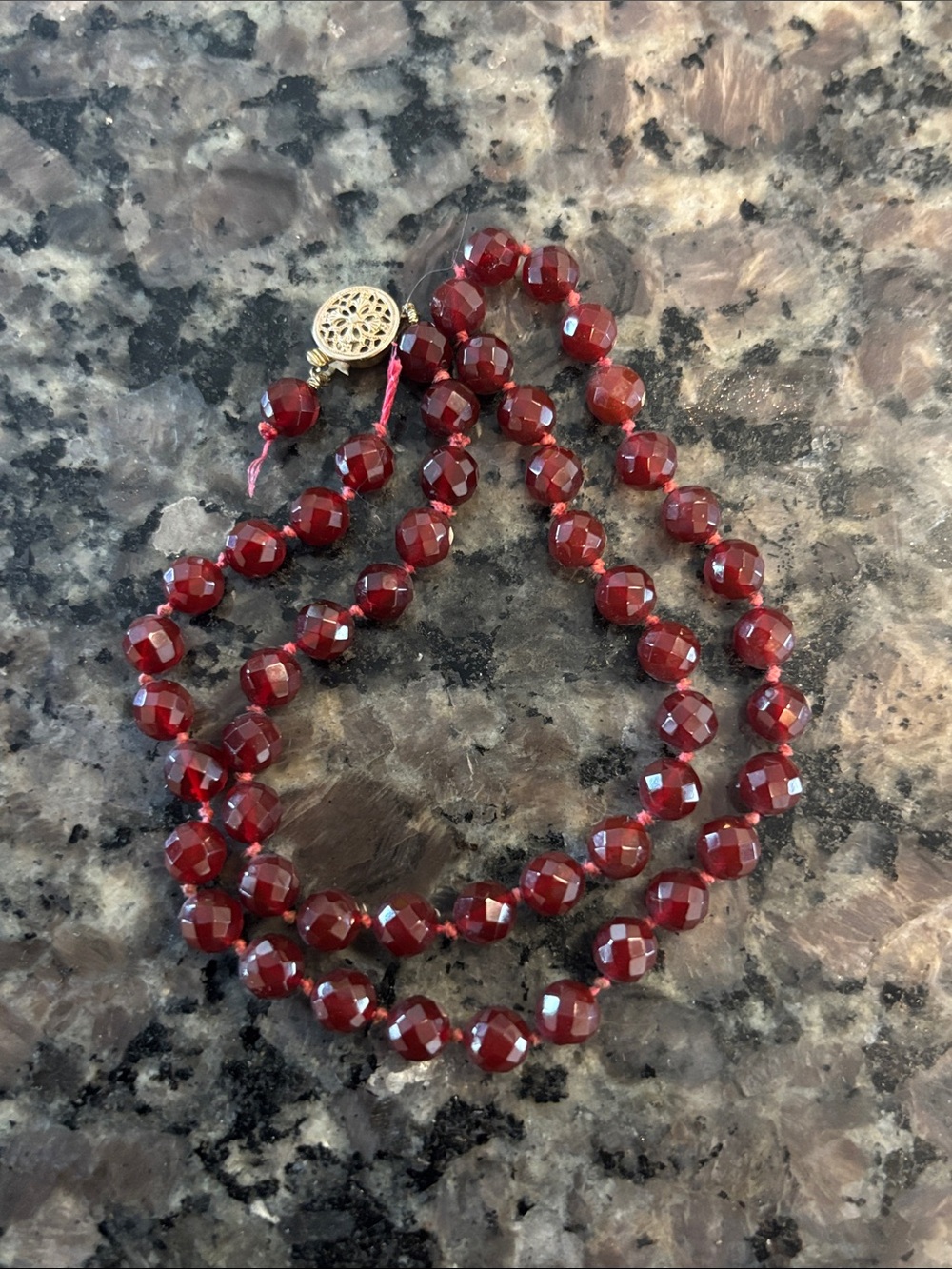 Red Carnelian Faceted Bead Necklace knotted 24 K clasp